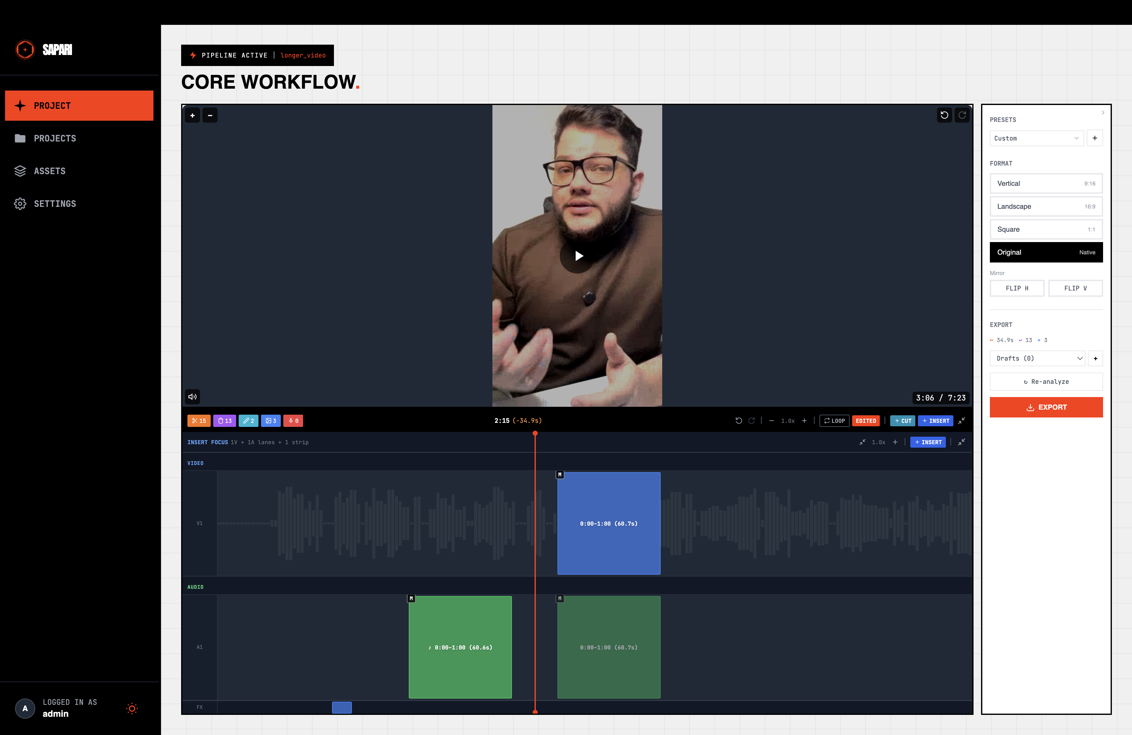 Insert focus mode with VIDEO and AUDIO lane sections