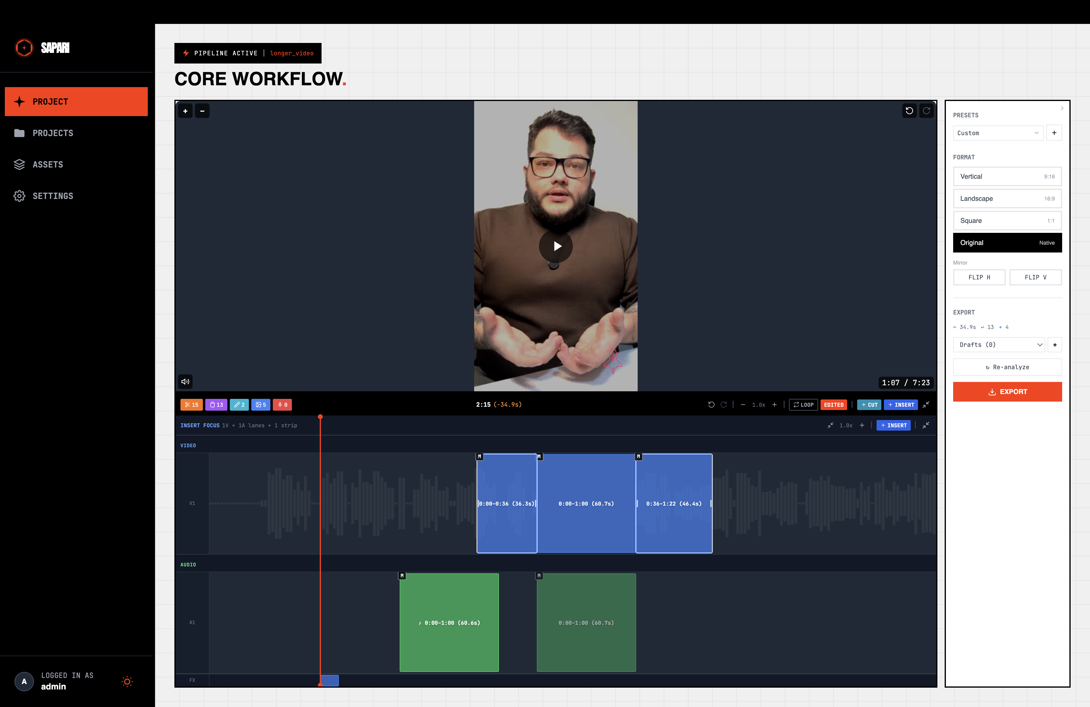 Split mode — segment split with gap at insert