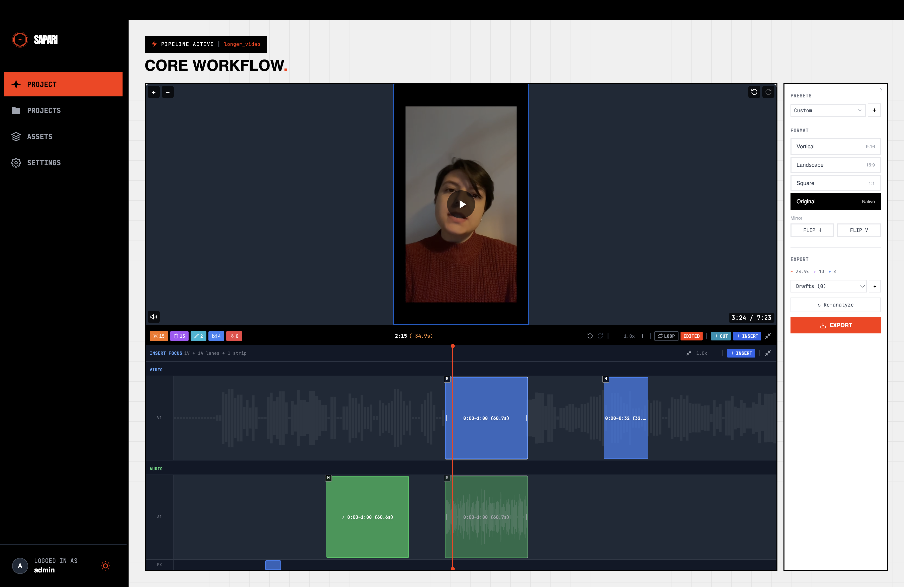 Insert mode — asset spliced into timeline