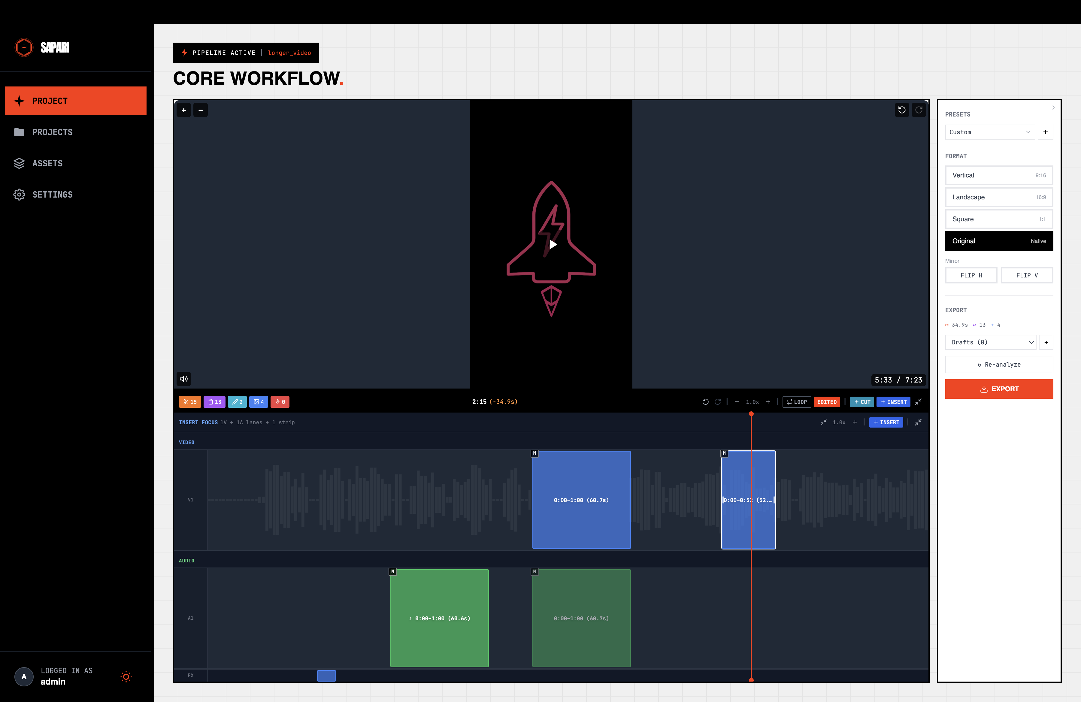 Replace mode — asset fullscreen, main video hidden